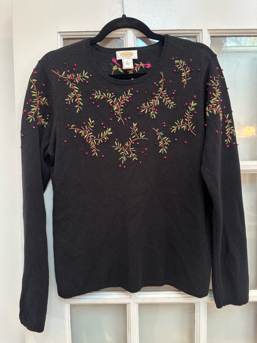 Vintage Talbots Black Embroidered Holiday Sweater Cherry Blossom Berry Size L